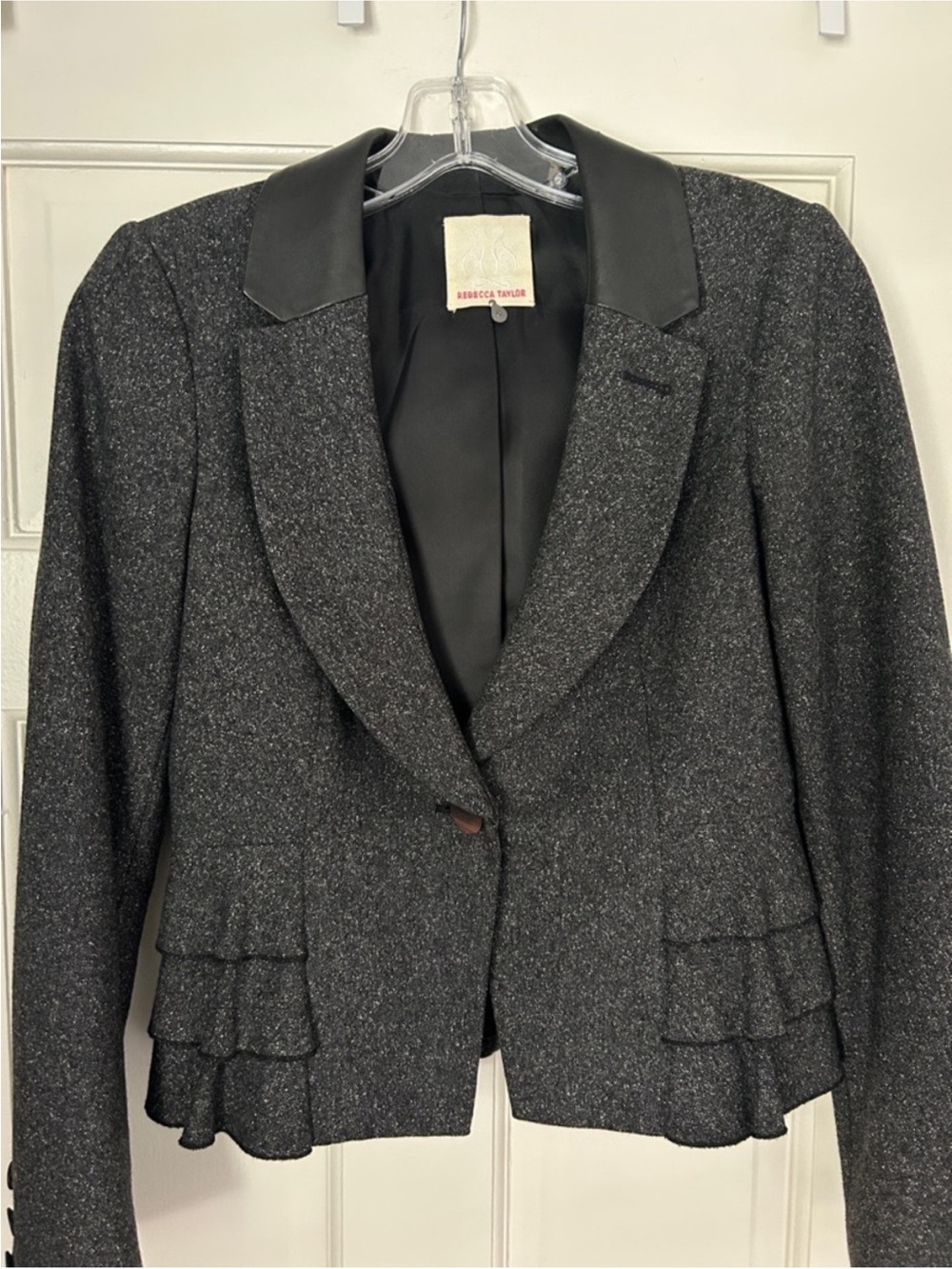 Rebecca Taylor Charcoal Tweed Peplum Blazer with faux leather Collar
